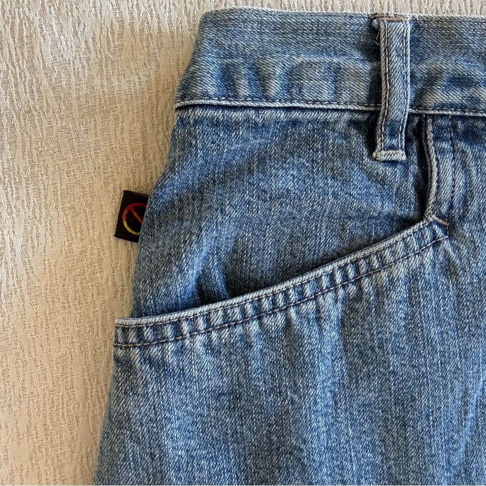Denim Mini‎ Skirt Tribal Trim Frayed Hem Cotton Blue Size 9/10 - Picture 3 of 15